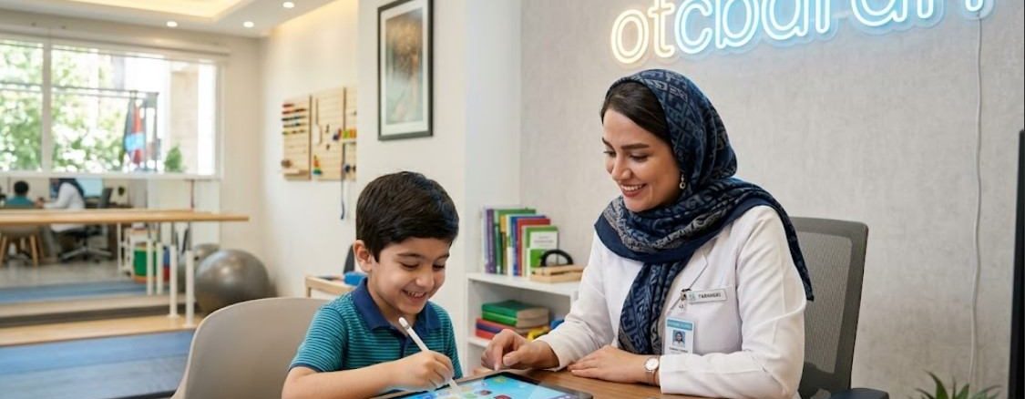 درمانگر در حال انجام تمرینات توانبخشی شناختی با کودک در کلینیک